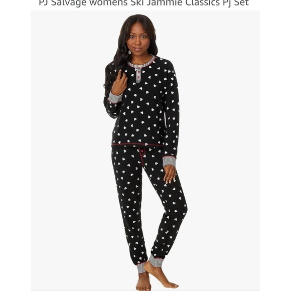 PJ Salvage Other - PJ Salvage Waffle Knit Heart Print Pajama Set Black White Red Henley Joggers